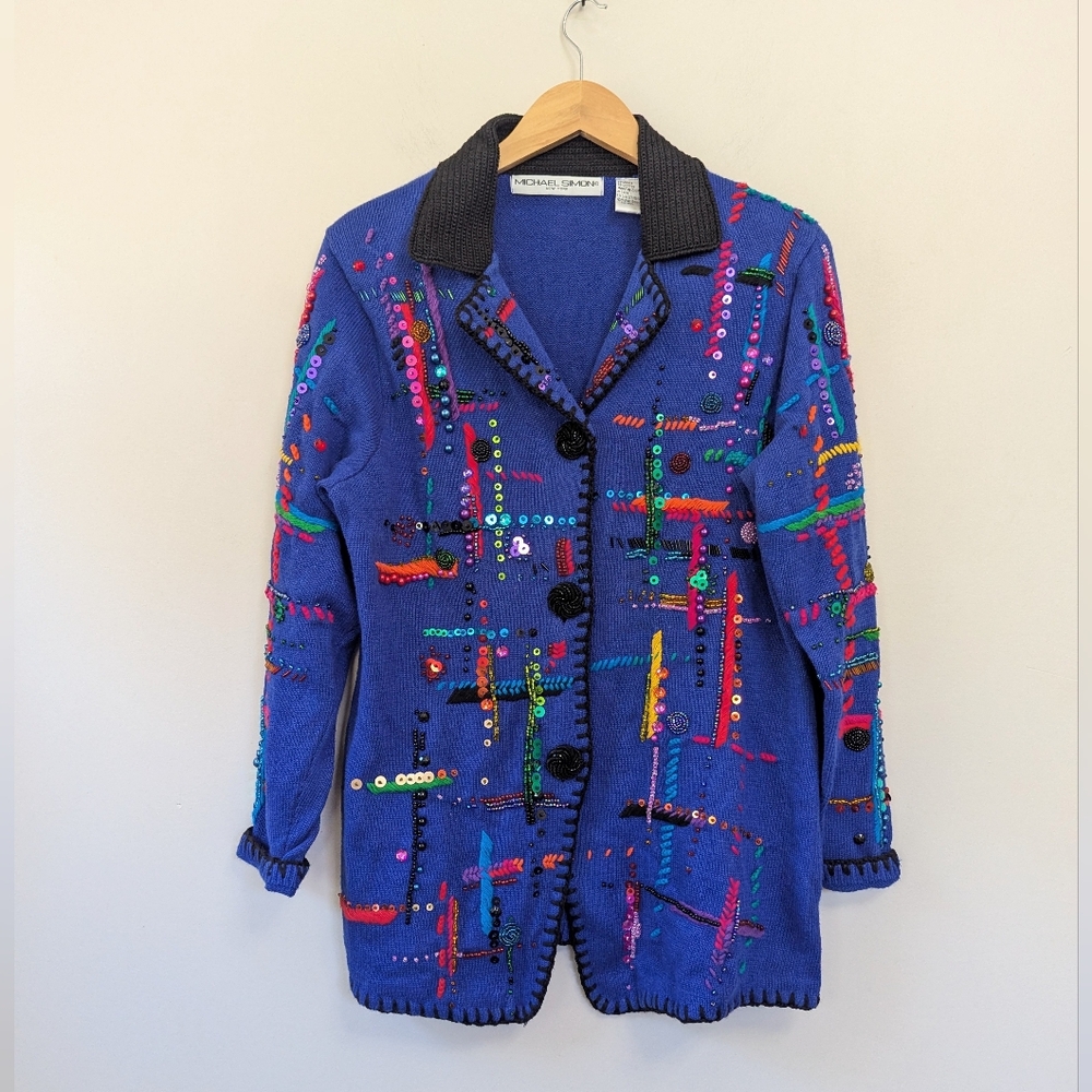 Vintage‎ Michael Simon Colorful Beaded Knit Sweater Jacket Maximalist